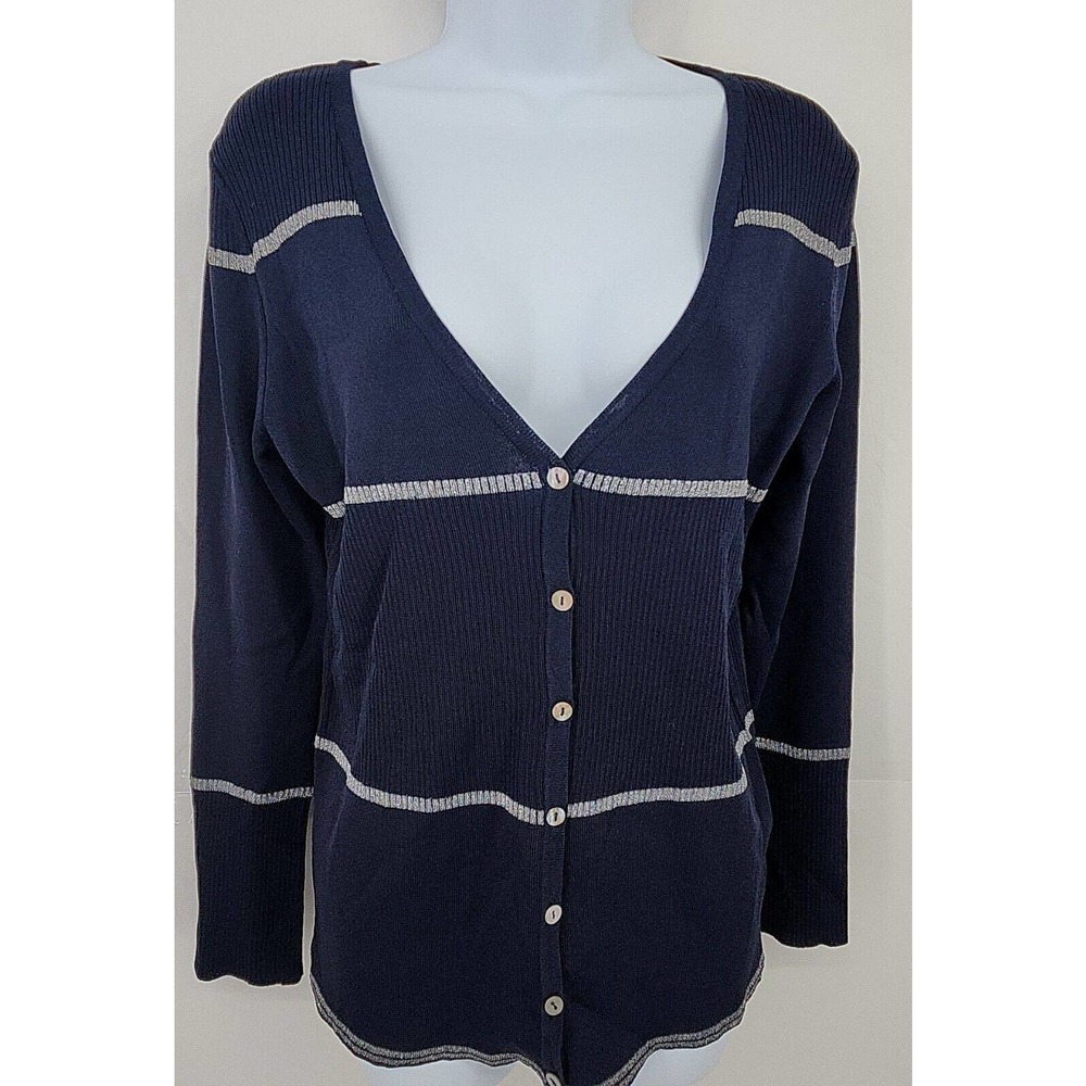 NWT Willi Smith Cardigan Navy Blue Silver Metallic Abalone Button-Front Size M